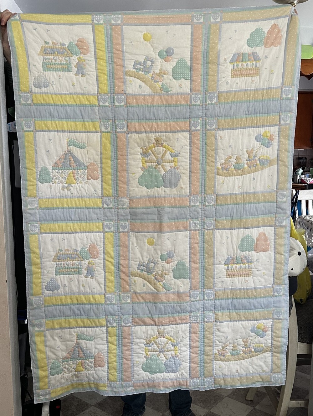 Pastel Circus Patchwork Quilt - Blue, Yellow, Peach, Mint